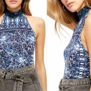 FREE PEOPLE Madagascar Halter Tank Top Indigo Blue and White